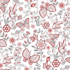 Henry Glass Scarlet Stitches & White Linen Butterflies White Cotton Fabric By Yd