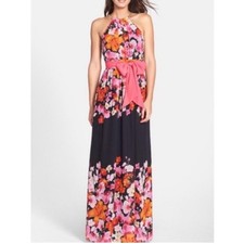 Eliza J black pink orange floral gold halter sleeveless maxi dress size 10