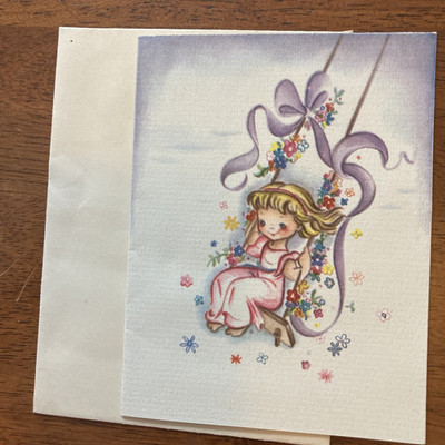Vintage 1944 UNSIGNED Easter Card w/ Envelope Cute Girl in Swing