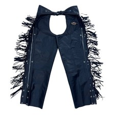 Vintage Harley Davidson Black Fringe Leather Chaps w/ Conches Sz XL Made In USA