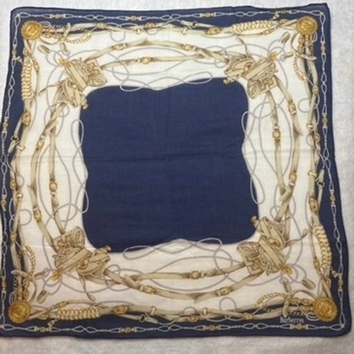 VTG BURBERRYS Scarf Handkerchief Equestrian Saddle Silk Navy Blue Cream 18.5in