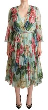 Dolce&Gabbana Women Green Dress 100% Silk Floral Print A-Line Party Gown IT 42 S