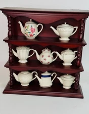 LENOX VINTAGE MINIATURE TEAPOT SET OF 8 WOOD DISPLAY SHELF COA NEW IN BOX