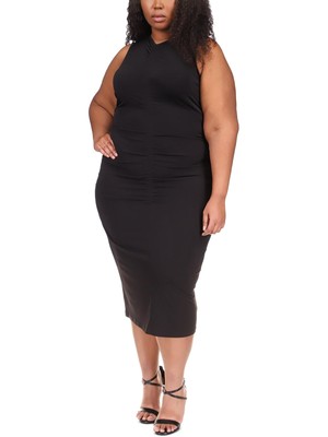 knee length dresses for ladies Final Sale Plus Size Balloon Sleeve Ruched BodyCon Midi Dress in Metallic  Black Bronze main image 0