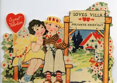 Vintage Valentine Boy Girl Bench Love Villa Private Keep Out Inappropriate c1930