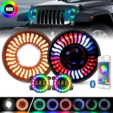 7" RGB LED Headlights Demon Chasing DRL Combo Kit& 4" Fog Lights for Wrangler JK