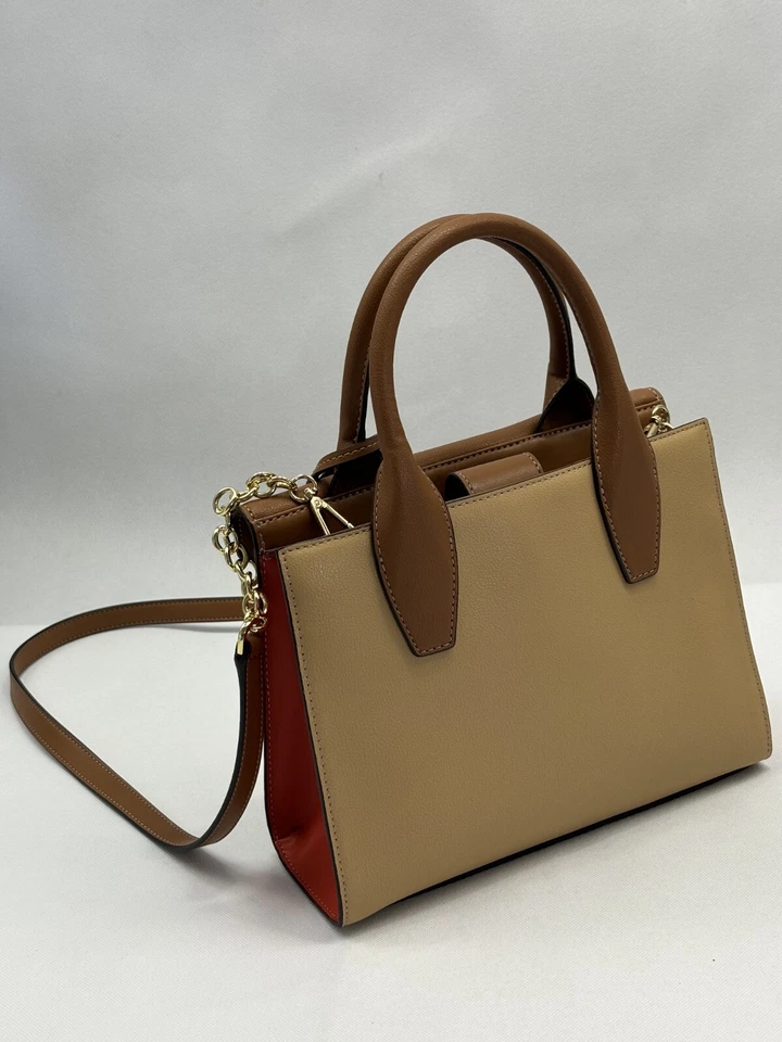 Calvin Klein Lock Daytona Brown Beige Orange Leather Gold Statement Satchel OBO - Image 4 of 4