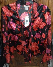 XL NWT Notations Floral Button Front Blouse Tie at Neck & Sheer Ruffle LS