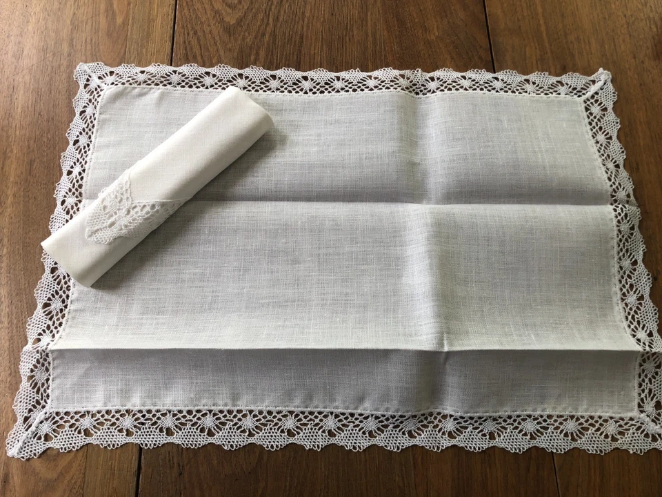 4 White Pure Irish Linen Placemats & Matching Napkins, Lace Trim - Image 2 of 3