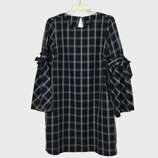 ECI New York Dress Women’s 6 Blue Gray Windowpane Shift Bow Tie Bell Sleeve