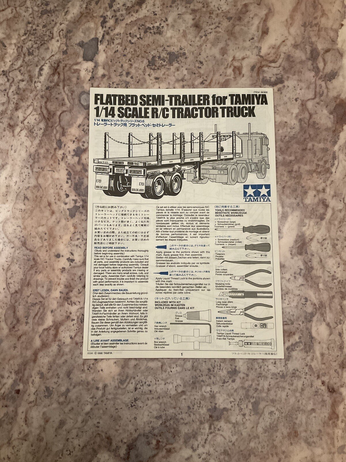 Vintage Tamiya 56306 1/14 Flatbed Semi Trailer Kit Manual 1996 RC Car Truck LOOK-image