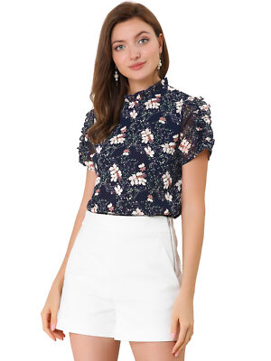 Blouse Femme Allegra K – Fleurie, Mousseline De Soie, Manches Courtes, Col Volants, Noir