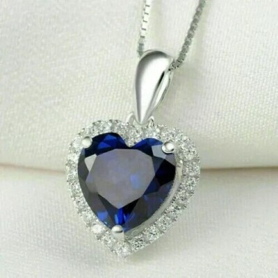 3CT Heart Lab-Created Sapphire Diamond Pendant Necklace 14K White Gold Plated