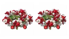 5" Red and White Pearl Berry and Jewel Votive Tealight Candle Ring Set of 2