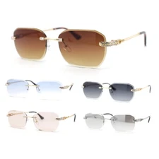 Rhinestone Jewel Stud Metal Rimless Bevel Lens Rectangle Sunglasses