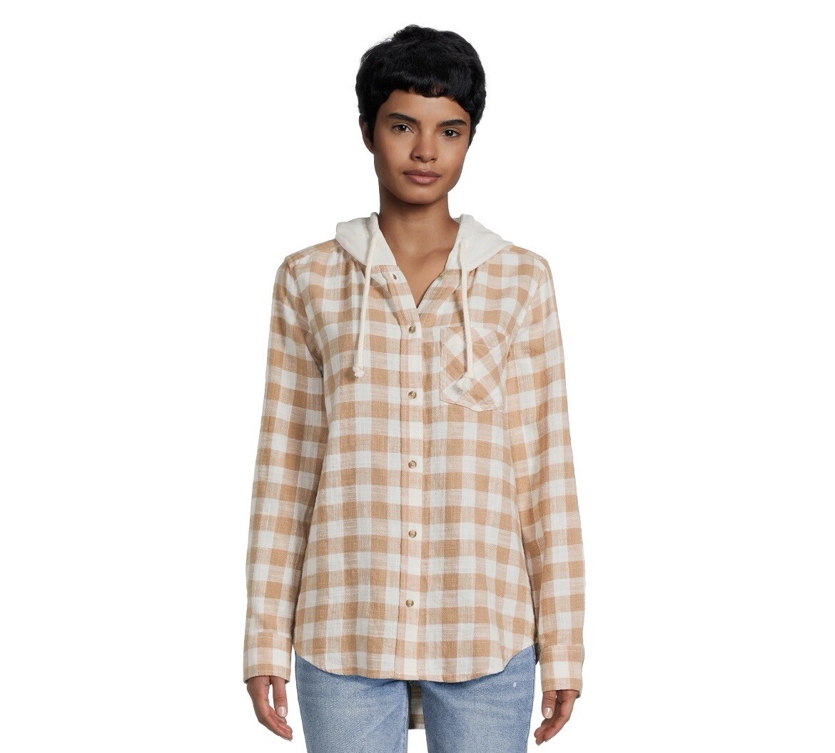 Time and Tru Womens Brown Acorn Hooded Flannel Button Down Shirt Size Large