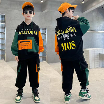 2PCs Children Clothing Fashion Patchwork Hooded Letters Print Sportswear Outfits