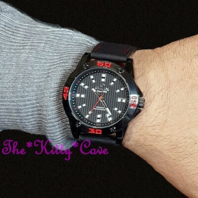 OMAX Waterproof Chunky Black & Red, Swiss Seiko Movt Sporty Leather Watch OAS183