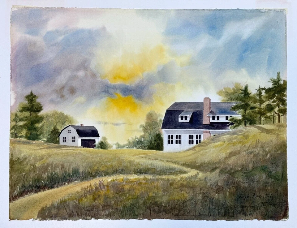 PINTURA ACUARELA ORIGINAL FIRMADA POR SUZIE ALVEY CASAS PAISAJE JARDÍN CIUDAD Foto 2 de 4