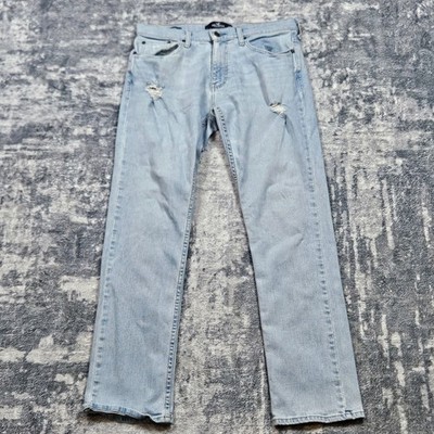 Hollister Epic Flex Jeans Mens 31x32 Blue Light Wash Slim Straight Distressed