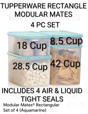 Tupperware Modular Mates Rectangle 4PC Aquamarine 1,2,3,4 CRITTER FREE  STORAGE 