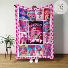 Personalized Princess Poppy Trolls Fleece Sherpa Quilt Blanket Gift for Fan