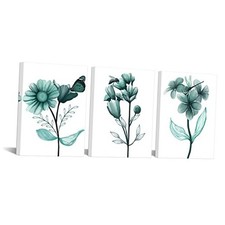 3 Piece Flower Canvas Wall Art Teal Floral Painting Art Prints Small Green