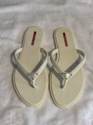 Prada Cream Flip Flop Sandals With Prada Logo On Strap Size 39