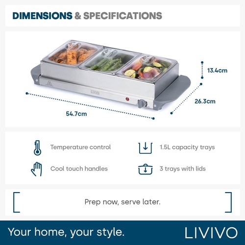 LIVIVO Large Buffet Server 3 x 1.5L Trays w/ Adjustable Heat Control Stainless - Picture 9 of 9