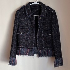 Zara tweed fringe blue pink fun dressy women Blazer suit jacket size small EUC