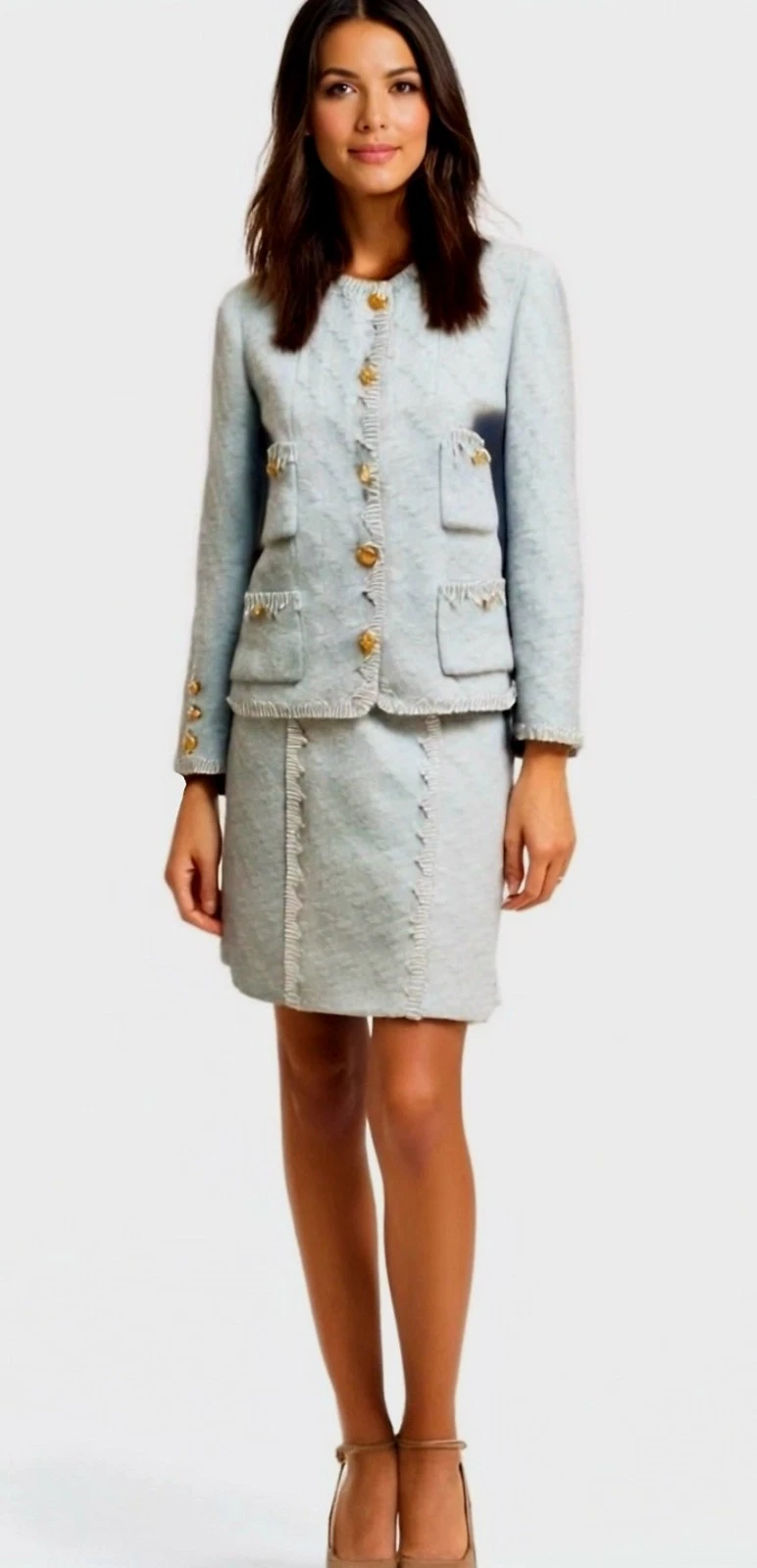 Set completo giacca gonna tessuto tweed blu oro Chanel vintage anni 80 taglia 38 8