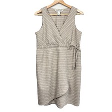 Kyodon Linen Blend Faux Wrap Mini Dress Beige Striped Medium Boho Beach Casual