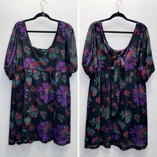 ModCloth Black Floral Beaded Babydoll Dress Puff Sleeve Tie Back Plus 1X