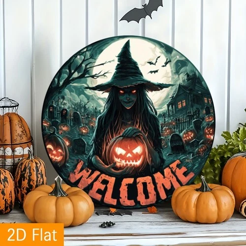 2D Flat, Vintage Halloween Witch Tin Metal Signs - 8x8 Round Wall Decor with Glo