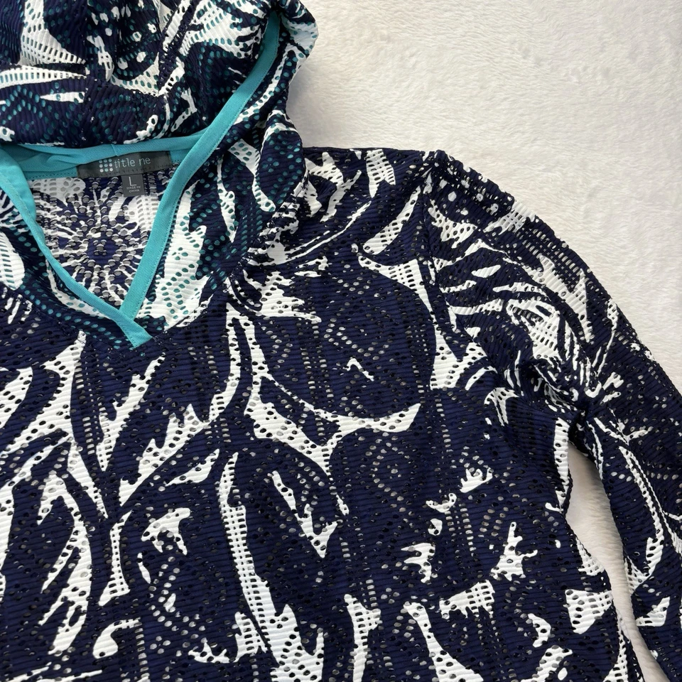 Title Nine Cover Up Women’s L Navy White Tropical Mesh Long Sleeve Hooded Tunic - Image 2 of 4