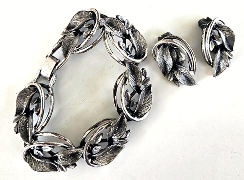 Set orecchini vintage pannello link foglie vite tono argento bracciale 7-5/8" e clip - Foto 3 di 9