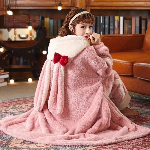 Accappatoio donna autunno inverno spesso con cappuccio dolce flanella vestaglia abito lungo pile - Foto 3 di 31
