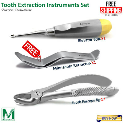 Dental Extraction Set: Forceps #17 Gold Elevator #60 Cheek Retractor Minnesota