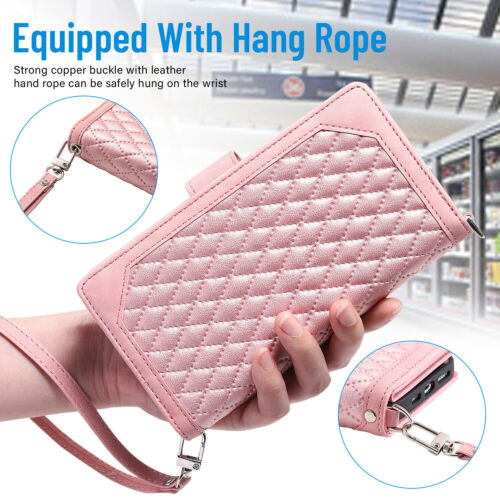 Zipper Grid Leather Wallet Phone Case For iPhone 14 13 12 11 Pro Max X XR SE 8 7 - Picture 8 of 55