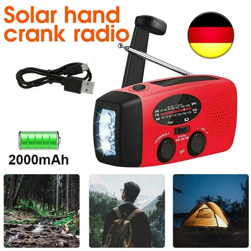 2 in 1 Solar Radio mit Taschenlampe 2000mAh Kurbelradio Notfallradio Rot