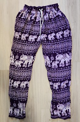 Kathmandu Pajama Pants Womens Small Purple Elephant Print Lounge Rayon Boho PJs