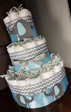 3 Tier Diaper Cake - Blue Pink Yellow Purple Elephants Silver Chevron Hearts