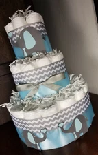 3 Tier Diaper Cake - Blue Pink Yellow Purple Elephants Silver Chevron Hearts
