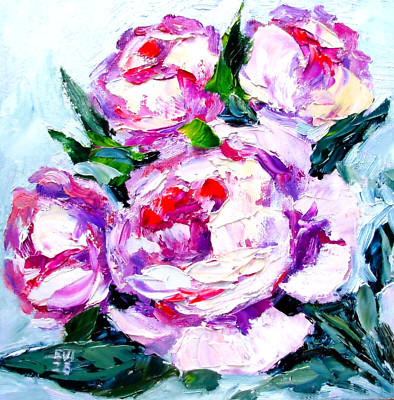 Pfingstrosen Original Ölgemälde Blumen Wandkunst Wanddekor Leinwand Tafel 8x8 Zoll