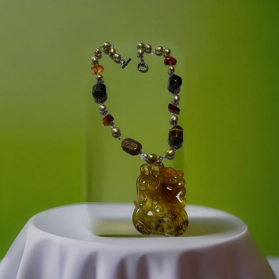 Jade Dragon Red Agate Mop And Tiger Eye Stones Necklace Vintage Stunning 20” - Image 2 of 4