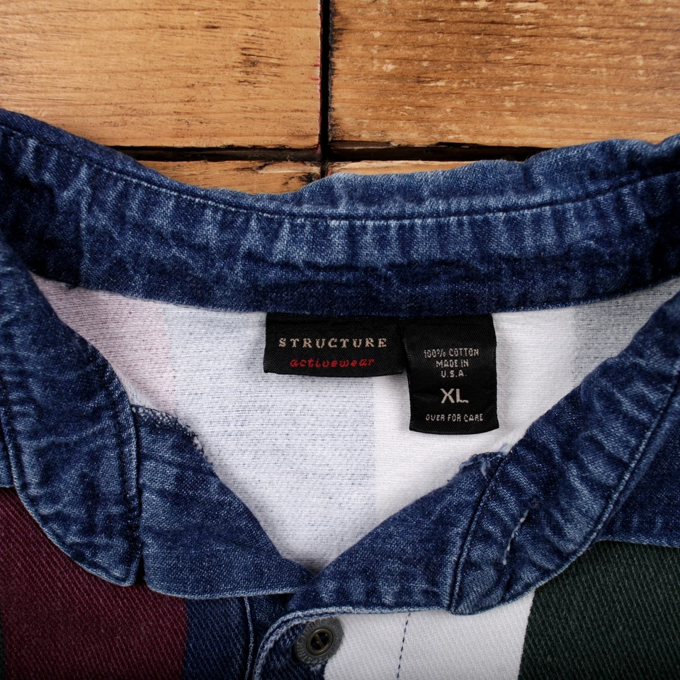 Camiseta Polo Vintage 2XL Hecha en EE. UU. Estructura Manga Larga Rayas Camiseta Azul Foto 3 de 4