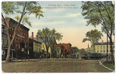 Westfield MA Trolley Center Postcard Elm Street & Park Square