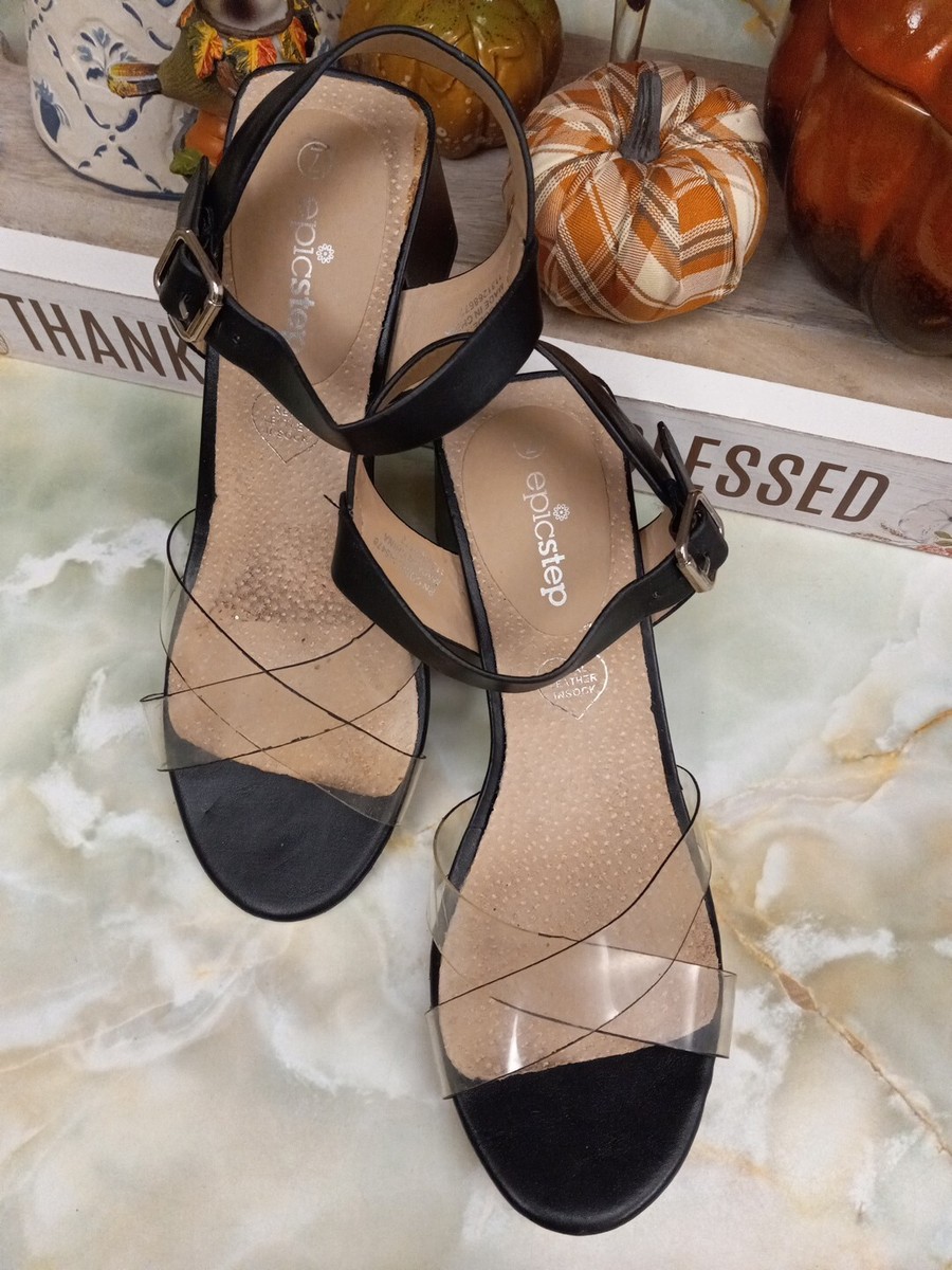 EPICSTEP LADIES DRESS SANDALS, SZ 7, BLACK LEATHER and Clear, Chunky Heel.
