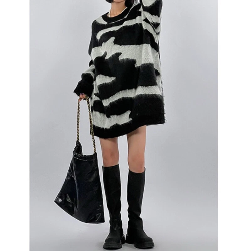 Women Zebra Stripe Knit Sweater Dress Loose Jumper Winter Oversize Long