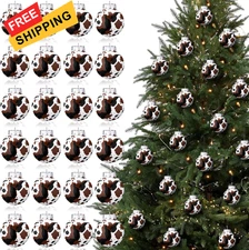 Syhood 24 Pcs Cowhide Printed Christmas Ball Ornaments 2.36 Brow and White 